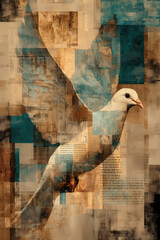 Symbolic dove collage overlaid with Hebrew script, ancient maps, and textured parchment in earthy teal tones
