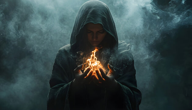 Hooded woman holding flaming hands in a ritual fire with smoke suggesting pagan tradition and magic