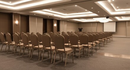 Empty beige conference room with rows of chairs facing a blank screen