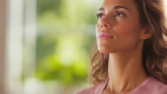 Serene Contemplation: Portrait of a woman bathed in natural light, her gaze thoughtful and hopeful, reflecting a moment of quiet reflection and inner peace.