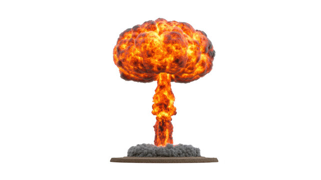 Explosion fire smoke mushroom cloud nuclear dramatic destruction danger energy isolated powerful intense disaster war apocalyptic blast hot orange yellow gray impact force shockwave catastrophe