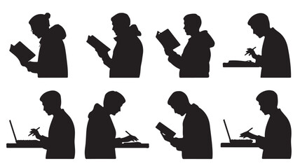 Silhouette of man reading book or using laptop in various poses with modern minimalist style in black and white for digital illustration