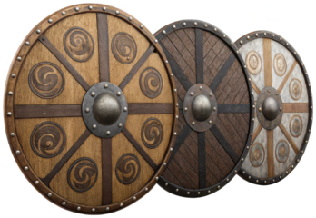 Heavily textured and realistically rendered circular Viking shields constructed from layered wood and reinforced with metallic rims and a prominent central boss,, isolated on transparent background.