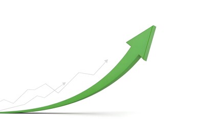 Green arrow pointing upwards representing growth and progress with an abstract line graph