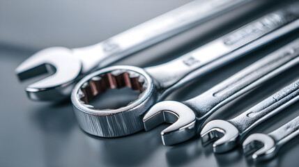 Chrome mechanics wrenches set on grey background