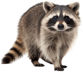Adorable and fluffy North American raccoon with distinctive black mask and ringed tail, depicted in a realistic photographic style, standing attentively with a, isolated on transparent background.