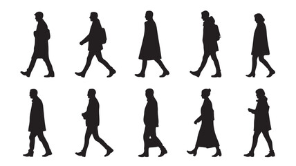Obraz premium Silhouettes of people walking in various styles and coats in black on white background for graphic design