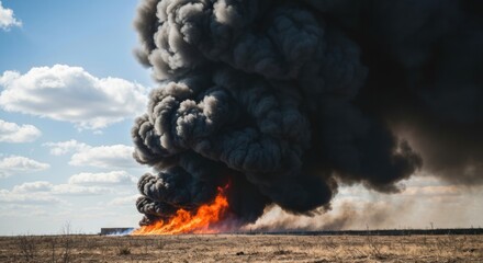 Dramatic plumes of thick black smoke billowing from a fiery blaze