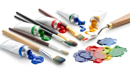 Paint tubes, brushes, and a palette knife arranged with colorful paint splotches, ready for a creative artistic session