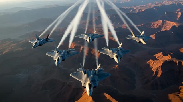 Fighter jets flying in formation over mountainous landscape with sun rays military aircraft Ai HD high quality video.