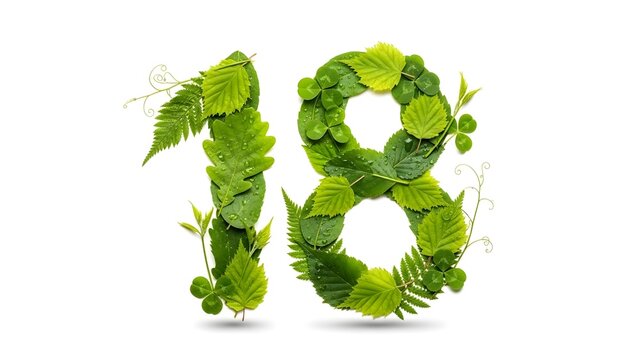 The number eighteen made from green leaves and fern fronds