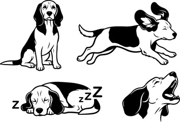 Cute Beagle Dog Poses Illustration Set &ndash; Sitting, Running, Sleeping & Howling Puppy Vector