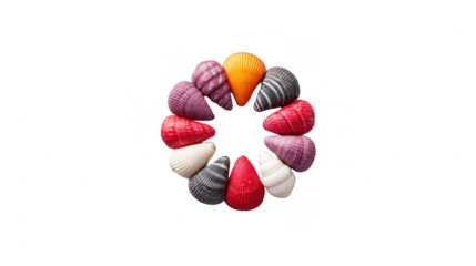Colorful seashells arranged in circular pattern featuring red purple yellow black and white shells isolated on transparency background creating vibrant and cheerful decorative design