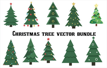 Vector New Year set with Christmas trees. Evergreen trees with balls, stars and garlands. Fir trees for Christmas. Four lush green Christmas trees with golden stars and lights isolated on transparent 