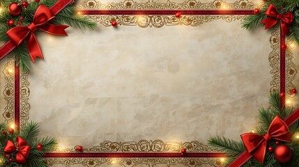 Christmas frame with red ribbons and pine branches in warm golden lighting on vintage parchment texture for holiday greeting cards