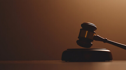 Justice tool is photographed against a brown gradient background, suggesting solemnity. The wooden judge's hammer rests on a sound block, illuminated by a dim light.