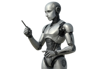 Humanoid robot pointing gesture, exploring future technology, artificial intelligence assistant, white background
