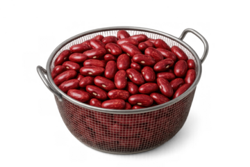 Red kidney beans collecting in a stainless steel colander, nutritious legumes for preparing meals, clean eating concept