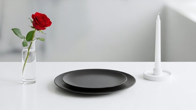 Elegant table setting with red rose, black plates, and white candle, creating a peaceful atmosphere with soft natural light and minimalist composition - Powered by Adobe