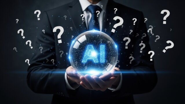 AI Future Predictions: Businessman holding a glowing AI crystal ball with question marks for artificial intelligence technology forecasting - Powered by Adobe