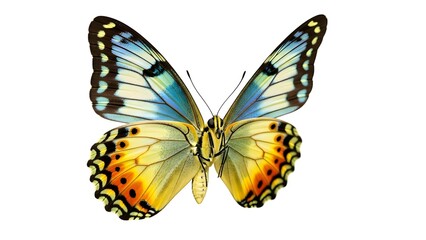 A vibrant butterfly showcasing intricate patterns, with colorful wings open. A close-up view capturing delicate beauty and intricate designs