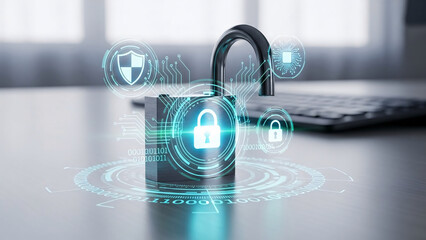 Digital security concept featuring a glowing padlock surrounded by network connections and data streams.

