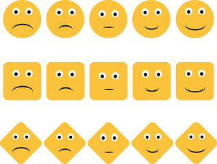 Naklejka premium Set of fifteen yellow emoji icons displaying five different levels of satisfaction in circle square and diamond shapes
