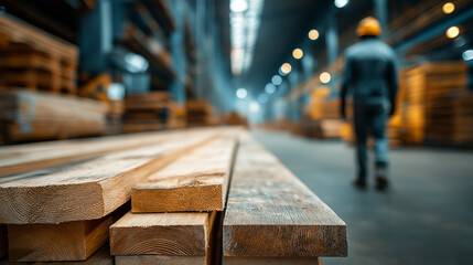 A blurred scene in a lumber warehouse, showcasing stacked wooden planks with a worker in focus in the background, emphasizing the bustling environment.