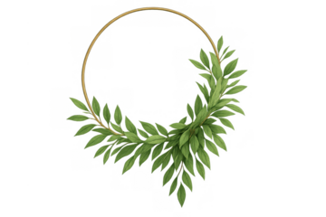 Gold circle frame with green leaves, creating elegant botanical wreath element for wedding invitations and branding