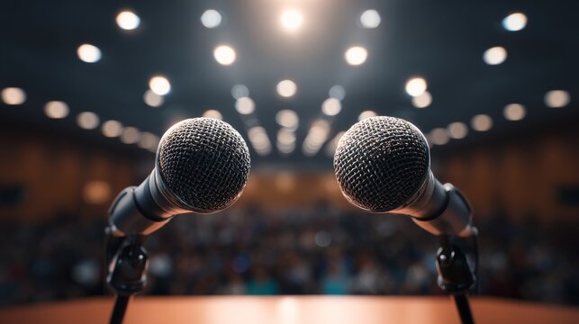 Two microphones on stage with ready for a speech, and illuminated by spotlights. - Powered by Adobe