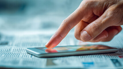 Person using finger to interact with a smartphone resting on a newspaper surface with blurred background for modern communication concept