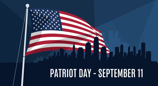 Patriot Day September 11 American Flag Waving Over City Skyline. - Powered by Adobe
