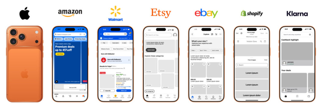 Amazon, Walmart, Etsy, eBay, Shopify and Klarna shopping apps interface collection on iOS, Amazon Walmart Etsy eBay Shopify Klarna
Modern mobile shopping application screens on Orange iPhone 17