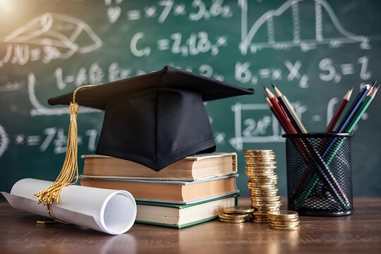 Education concept with graduation mortarboard cap diploma books and stacks of coins for tuition savings