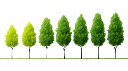 Row of lush green trees with varying shades, isolated on transparency background, showing growth stages and natural beauty, perfect for environmental, landscape, or seasonal concepts