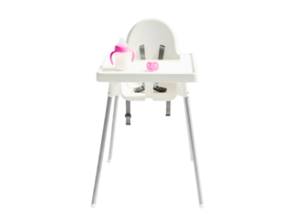 Baby high chair with pink sippy cup and plate on tray isolated on transparent background