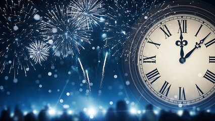 2026 New Year Card - Clock And Fireworks Waiting Midnight - Abstract Defocused Background, Excited Crowd Cheering Under Fireworks at Night