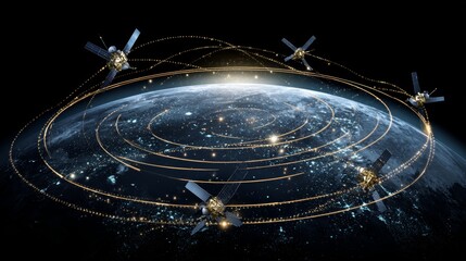Digital illustration of Earth from space with satellites orbiting, glowing golden orbital paths, futuristic communication and global technology concept artwork