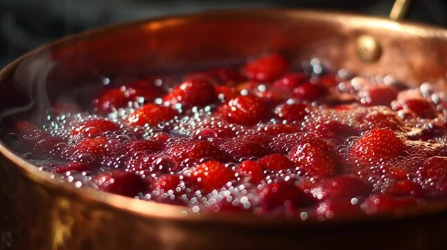 Vibrant close-up of fresh strawberries or raspberries bubbling in a copper pot on a stove, capturing homemade jam cooking, rich color, texture and traditional kitchen craft.
