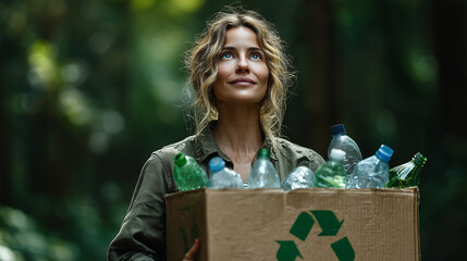 A woman holds a box full of plastic bottles in a lush green forest, promoting recycling and environmental awareness with a hopeful expression.