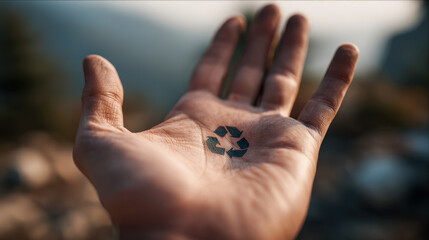Human hand holding a recycle symbol in the palm representing environmental awareness and the importance of sustainability in protecting nature and conserving resourc