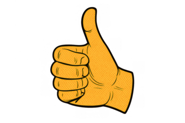 Thumbs up hand gesture in pop art retro comic style symbolising approval, good job, agreement and success on transparent background