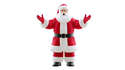 Fototapeta premium Santa Claus Christmas red suit white beard black boots festive holiday winter cheerful open arms joyful traditional costume celebration December jolly character man hat gloves belt standing