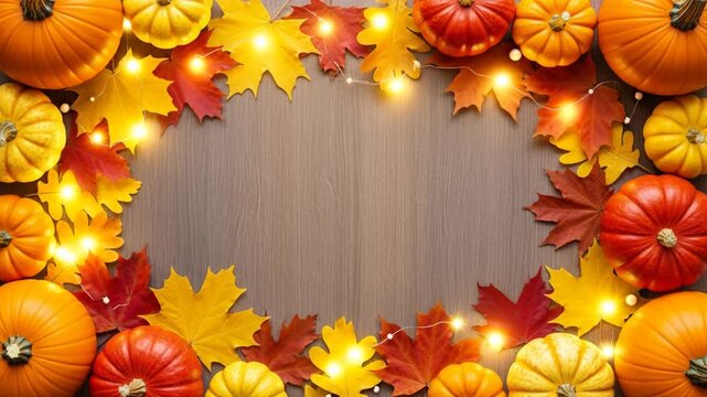 Autumn pumpkins colorful fall leaves string lights festive decoration wooden background holiday Ai HD high quality video.