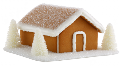 Gingerbread house with white icing, sugar snow, and decorative white trees creates festive, cozy winter holiday scene, evoking warmth and joy for Christmas celebrations