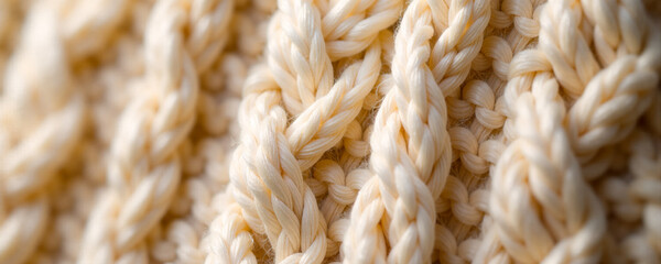 Textured cream-colored knitted fabric showcasing intricate patterns and craftsmanship in warm lighting