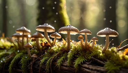 Macro close-up of tiny mushrooms growing on mossy log in forest with dew drops.