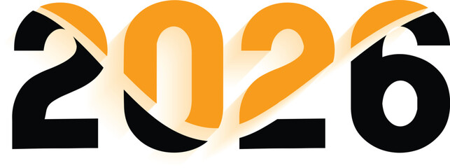 Happy New Year 2026 vector greeting with calligraphic gold glitter text. Festive brush painted lettering with sparkles for holiday card, banner, poster. New Year's Eve design.