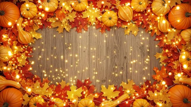 Autumn pumpkins fall leaves string lights rustic wooden background festive holiday decoration Ai HD high quality video.