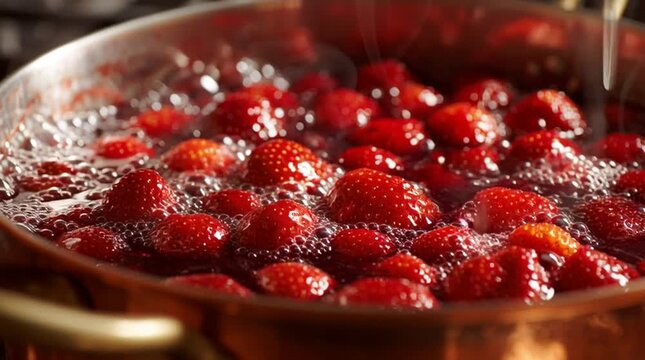 Vibrant close-up of fresh strawberries or raspberries bubbling in a copper pot on a stove, capturing homemade jam cooking, rich color, texture and traditional kitchen craft.
